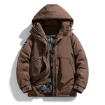Hooded Winter Puffer Jacket with Stand Collar for Men - Coffee