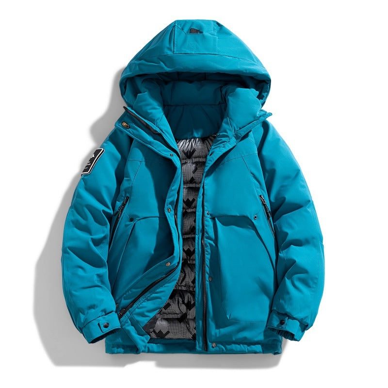 Hooded Winter Puffer Jacket with Stand Collar for Men - Turquoise blue