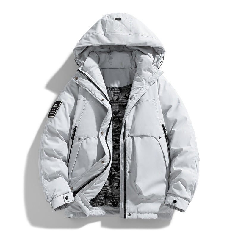 Hooded Winter Puffer Jacket with Stand Collar for Men - Offwhite