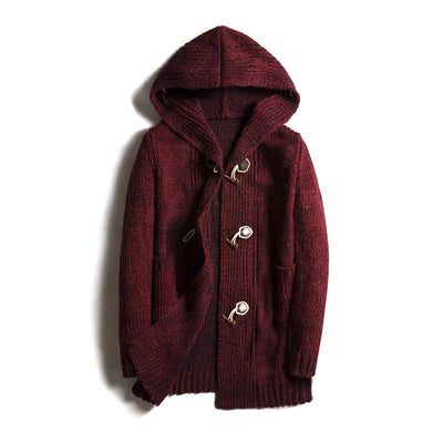 Hooded Wool Blend Winter Cardigan with Toggle Buttons for Men - Wine Red