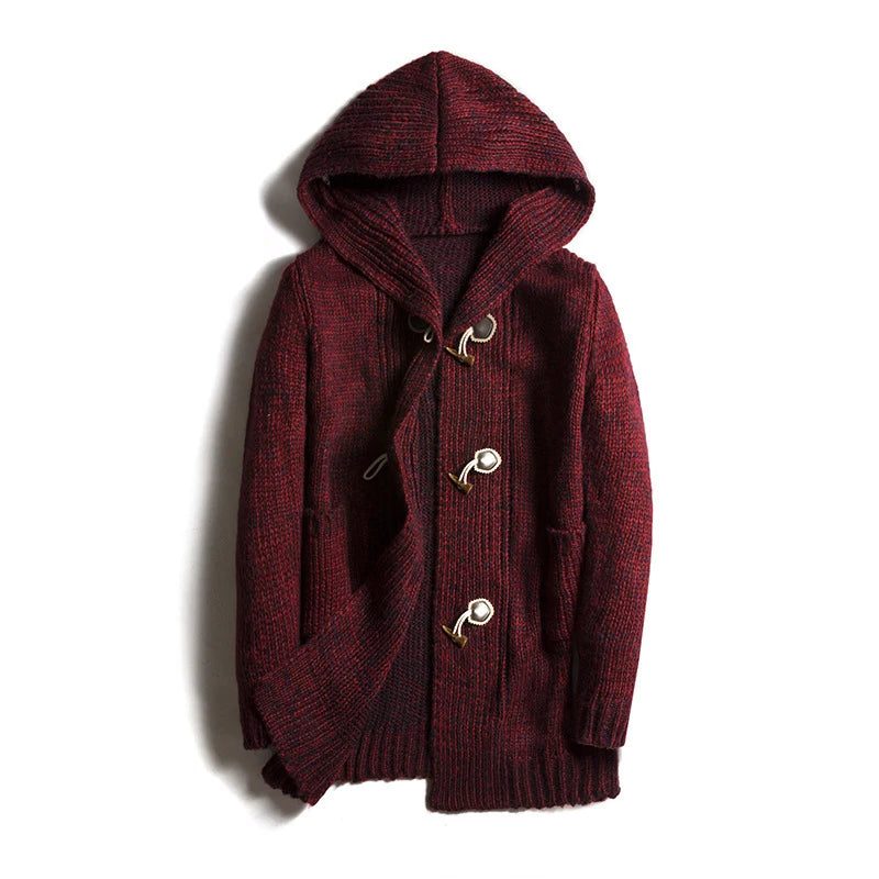 Hooded Wool Blend Winter Cardigan with Toggle Buttons for Men