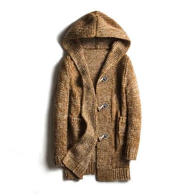 Hooded Wool Blend Winter Cardigan with Toggle Buttons for Men - Brown