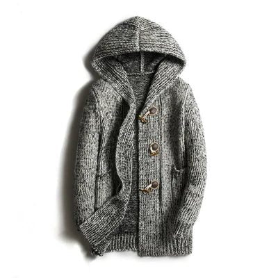 Hooded Wool Blend Winter Cardigan with Toggle Buttons for Men - Grey