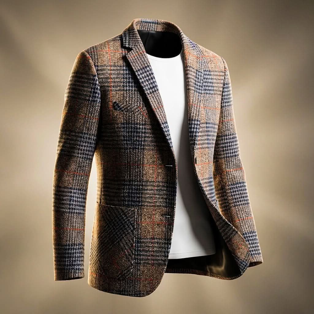 Houndstooth Wool Blend Blazer with Notch Lapel for Men