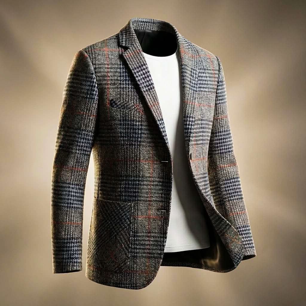 Houndstooth Wool Blend Blazer with Notch Lapel for Men - Gray