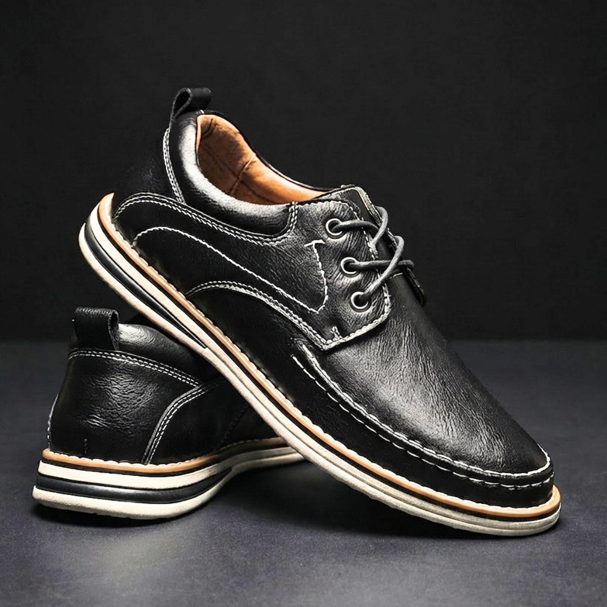 Lace-Up Genuine Leather Oxford Shoes with Cushioned Ankle Collar for Men - Black