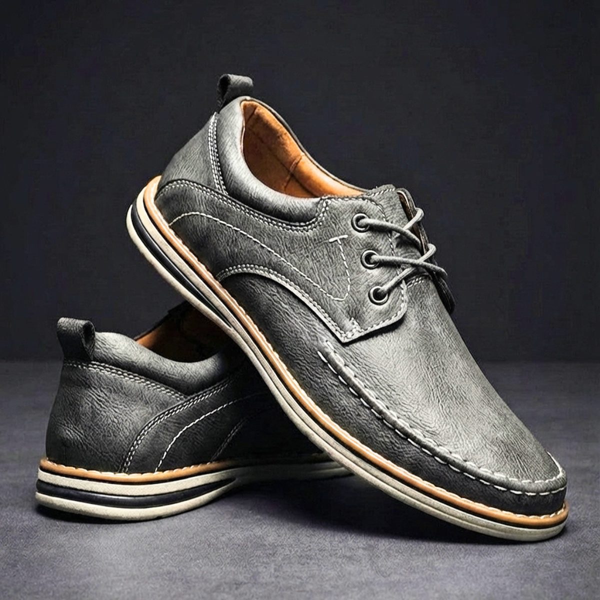 Lace-Up Genuine Leather Oxford Shoes with Cushioned Ankle Collar for Men - Gray
