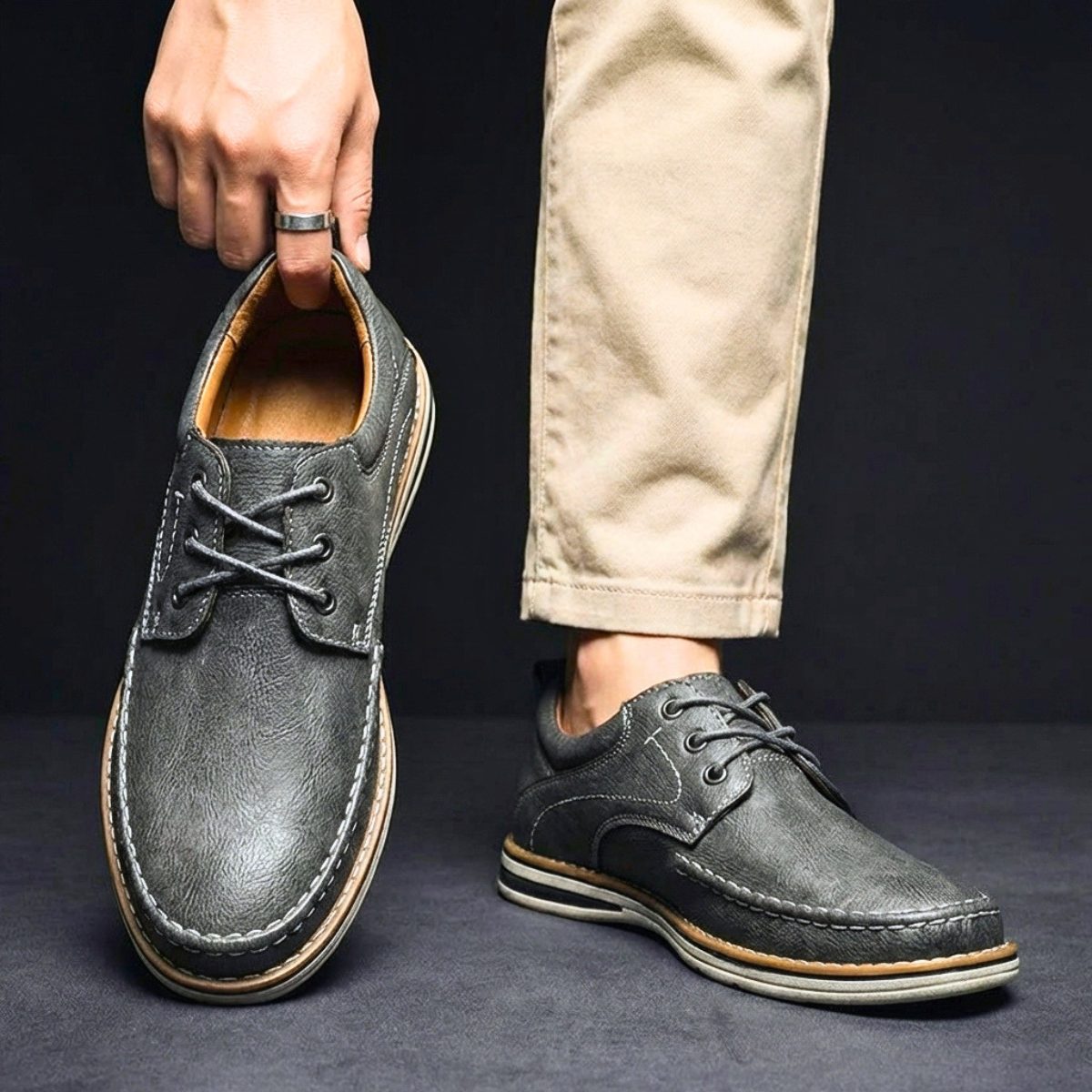 Lace-Up Genuine Leather Oxford Shoes with Cushioned Ankle Collar for Men - View 8