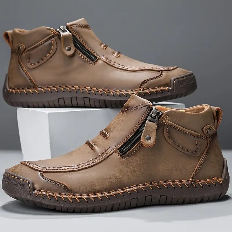 Lace-Up Leather Ankle Boots for Men - Khaki