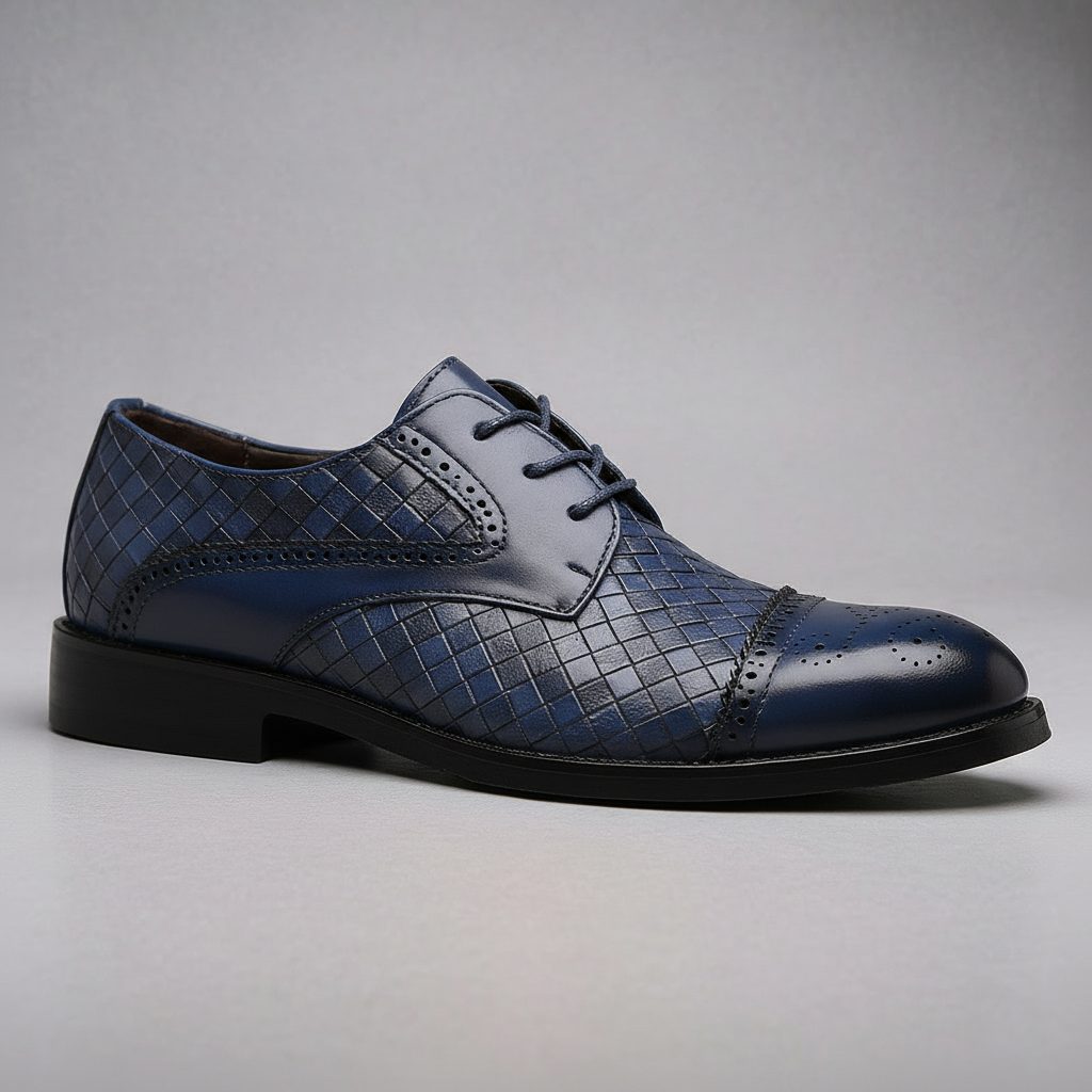 Lace-Up Woven Leather Cap Toe Derby Shoes for Men - Royal Blue