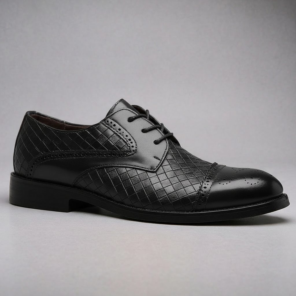 Lace-Up Woven Leather Cap Toe Derby Shoes for Men - Charcoal