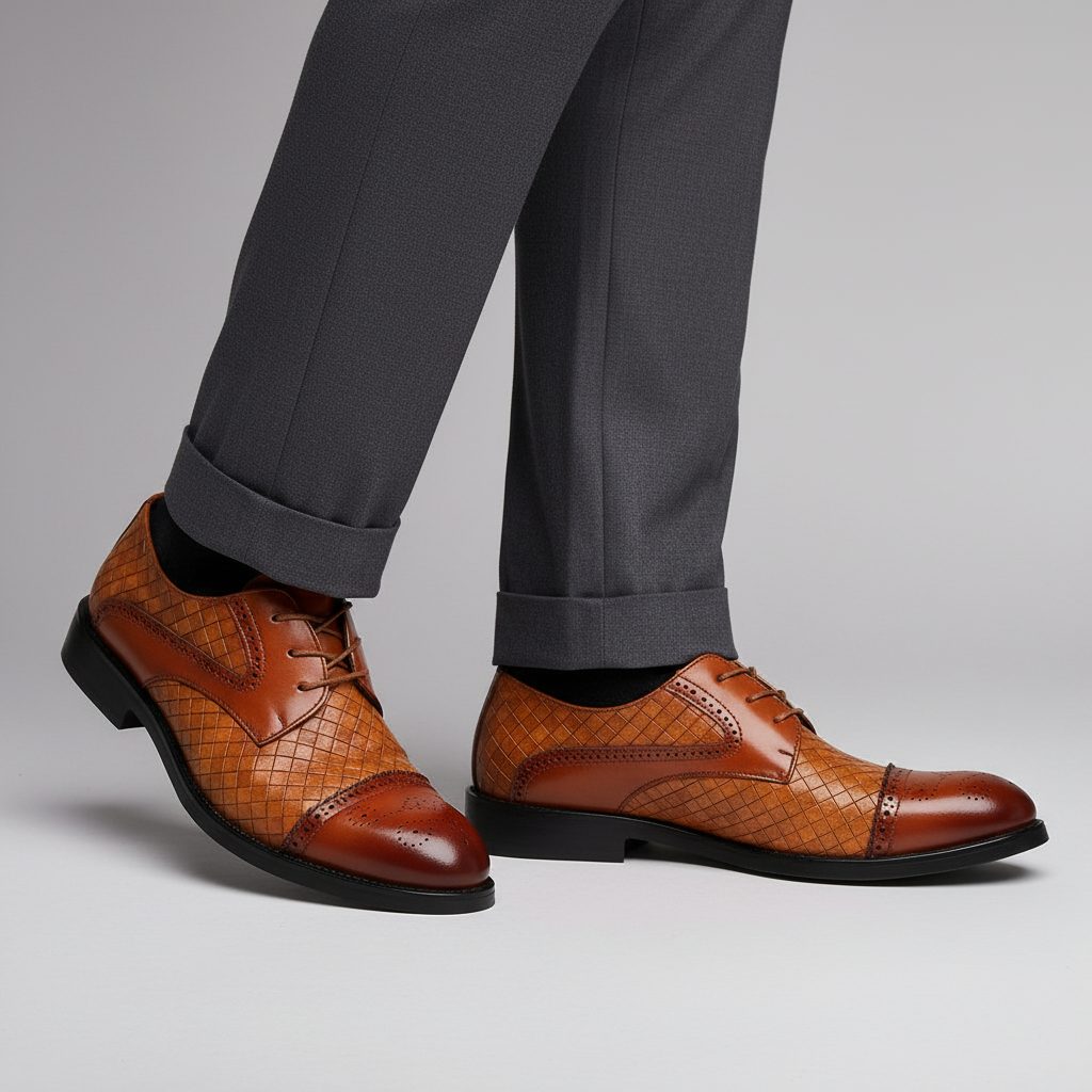 Lace-Up Woven Leather Cap Toe Derby Shoes for Men - View 3