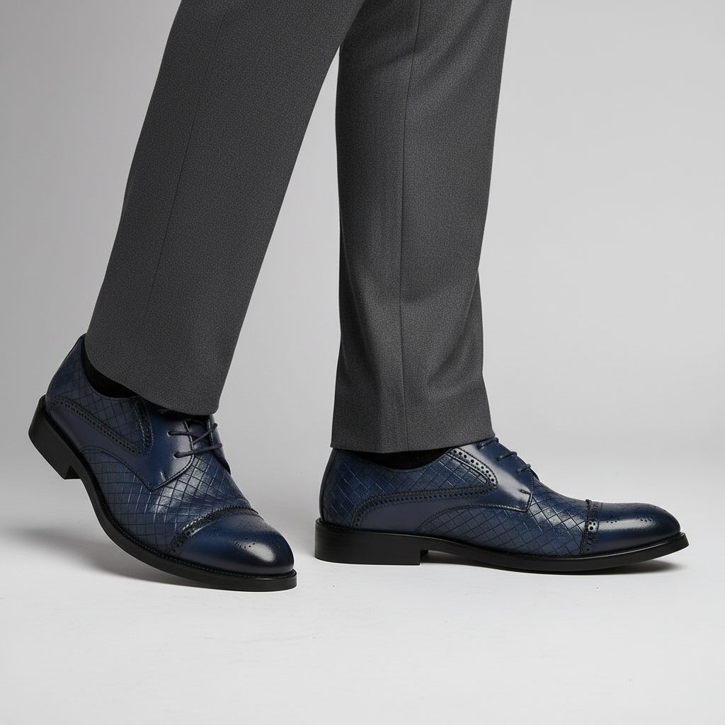 Lace-Up Woven Leather Cap Toe Derby Shoes for Men - View 5