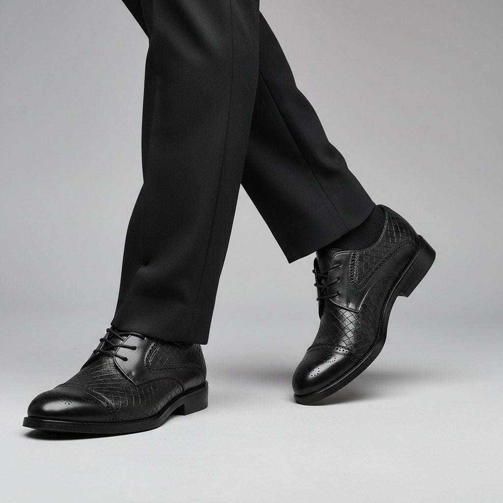 Lace-Up Woven Leather Cap Toe Derby Shoes for Men - View 8
