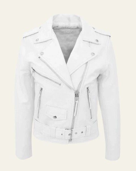 Leather Biker Jacket with Belted Waist for Men - White