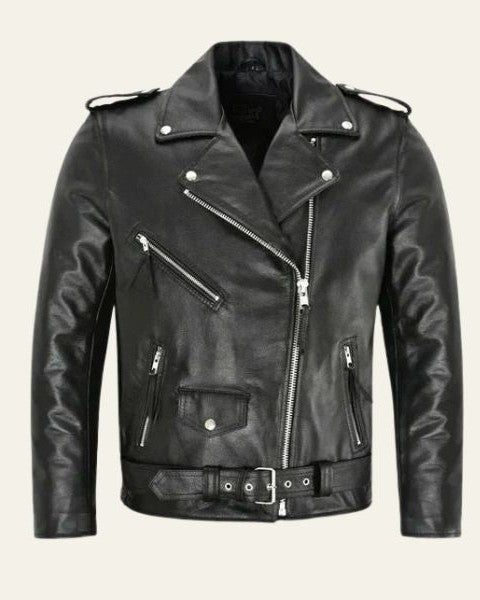 Leather Biker Jacket with Belted Waist for Men