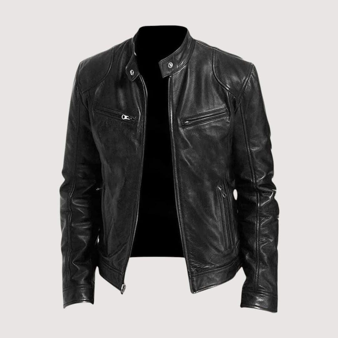 Leather Biker Jacket with Mandarin Collar for Men - Black