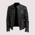 Leather Biker Jacket with Mandarin Collar for Men - Black