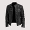 Leather Biker Jacket with Mandarin Collar for Men - Black