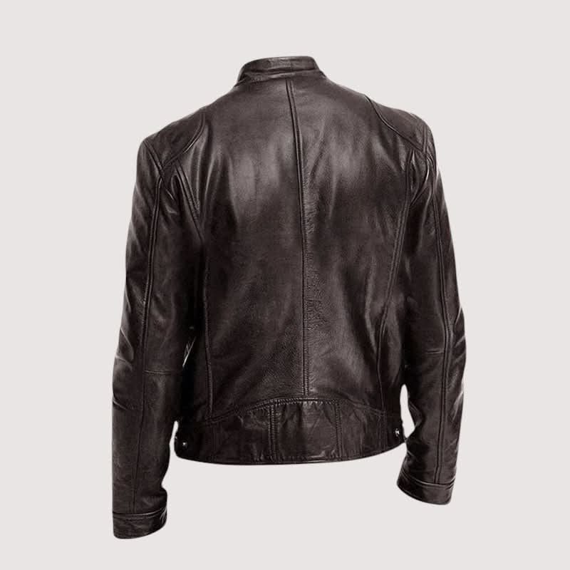 Leather Biker Jacket with Mandarin Collar for Men - View 10