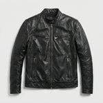 Leather Biker Jacket with Mandarin Collar for Men