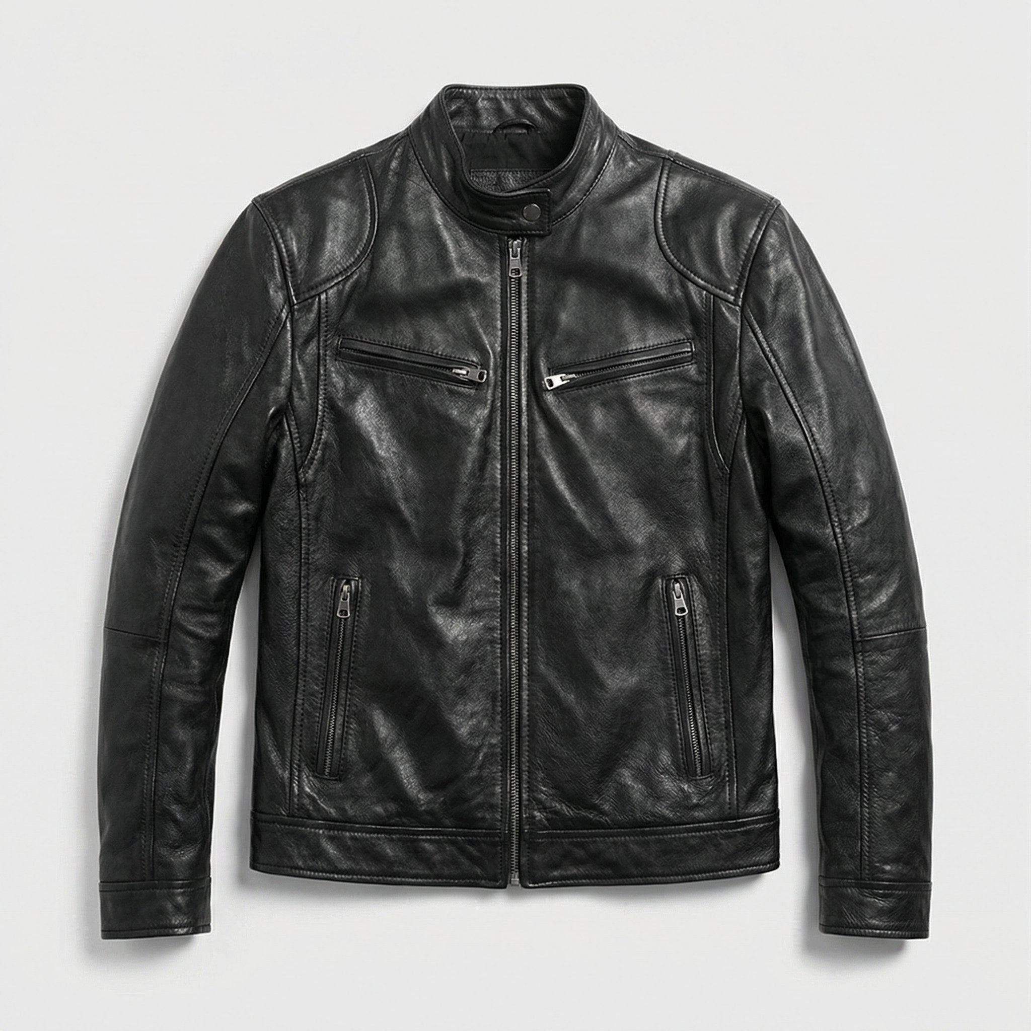 Leather Biker Jacket with Mandarin Collar for Men