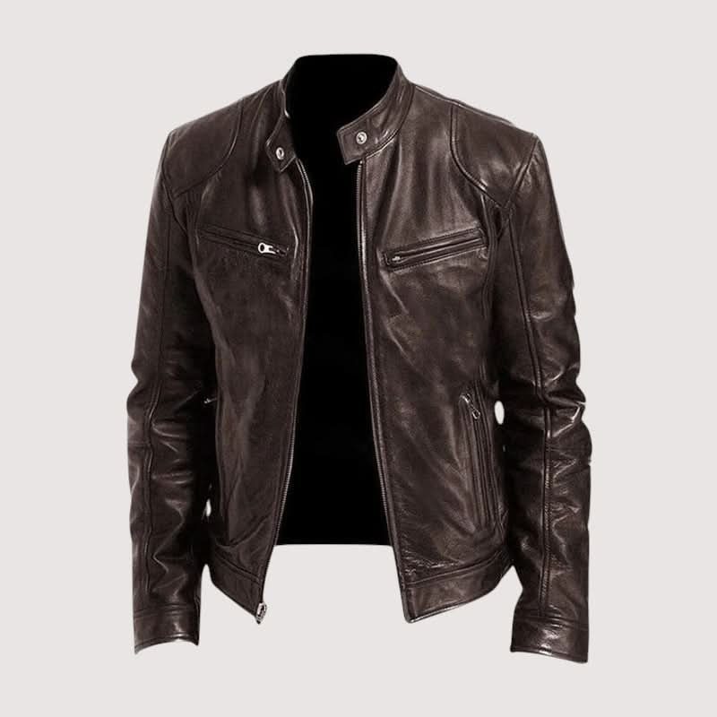 Leather Biker Jacket with Mandarin Collar for Men - Brown