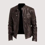 Leather Biker Jacket with Mandarin Collar for Men - Brown
