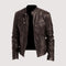 Leather Biker Jacket with Mandarin Collar for Men - Brown
