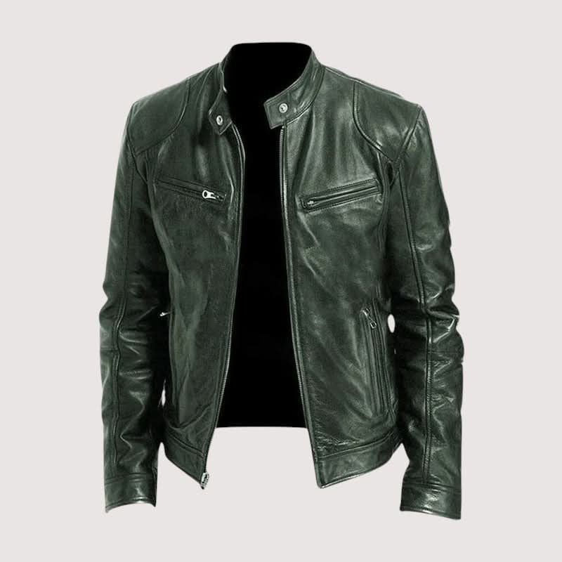 Leather Biker Jacket with Mandarin Collar for Men - Green