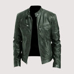 Leather Biker Jacket with Mandarin Collar for Men - Green