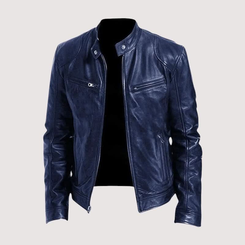 Leather Biker Jacket with Mandarin Collar for Men - Blue
