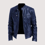 Leather Biker Jacket with Mandarin Collar for Men - Blue