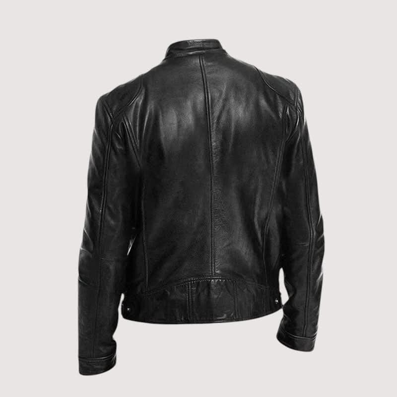 Leather Biker Jacket with Mandarin Collar for Men - View 7