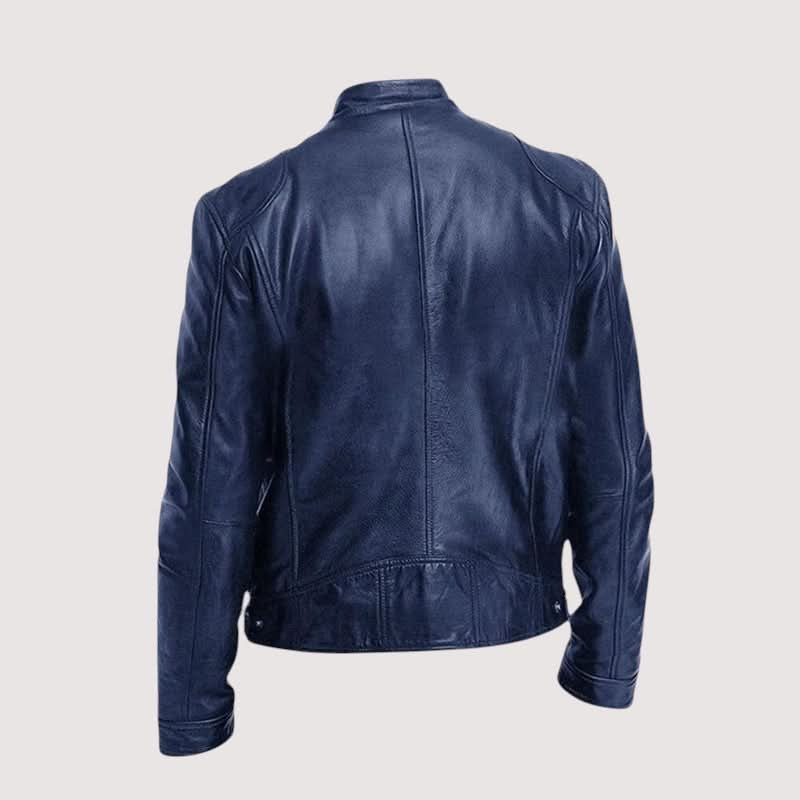 Leather Biker Jacket with Mandarin Collar for Men - View 9
