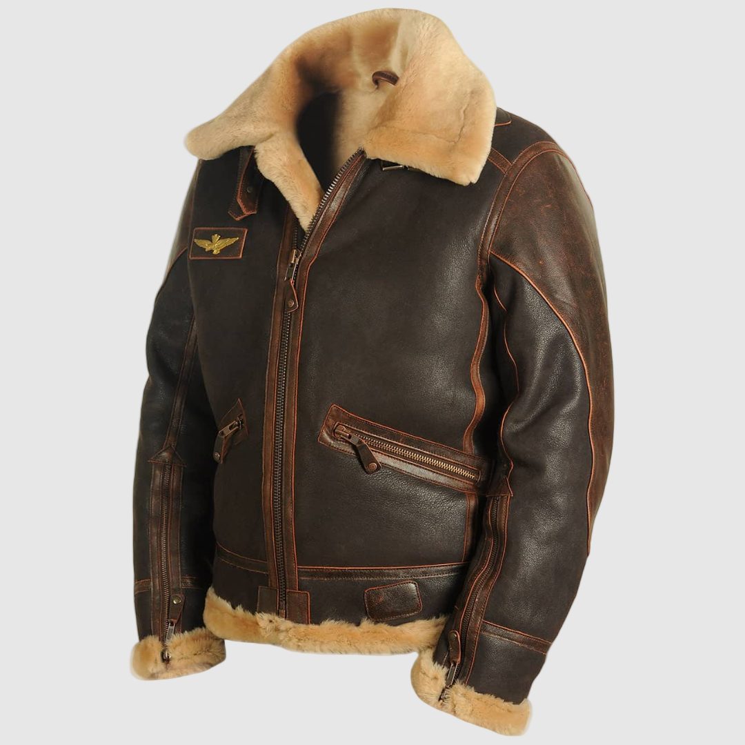 Leather Bomber Jacket with Fur Collar for Men