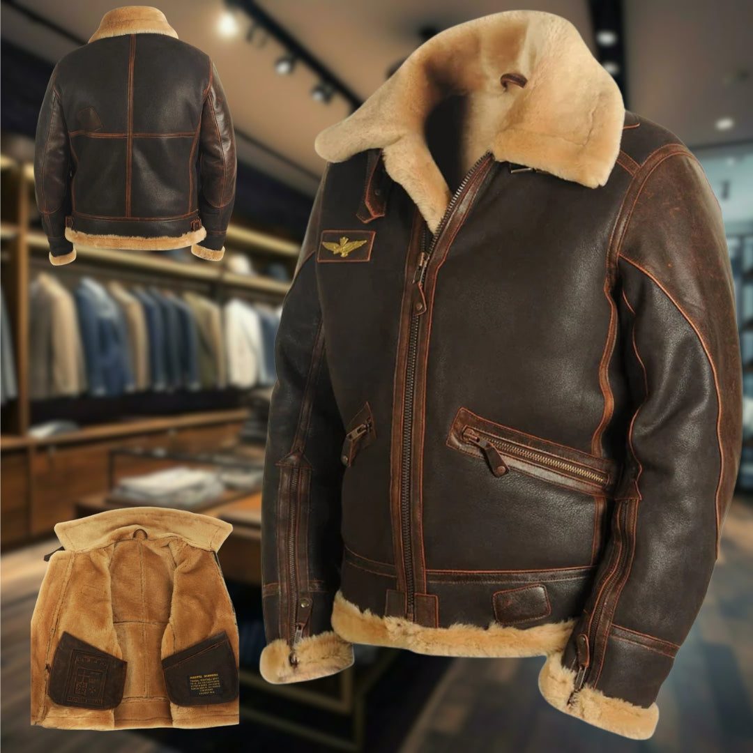Leather Bomber Jacket with Fur Collar for Men - View 4