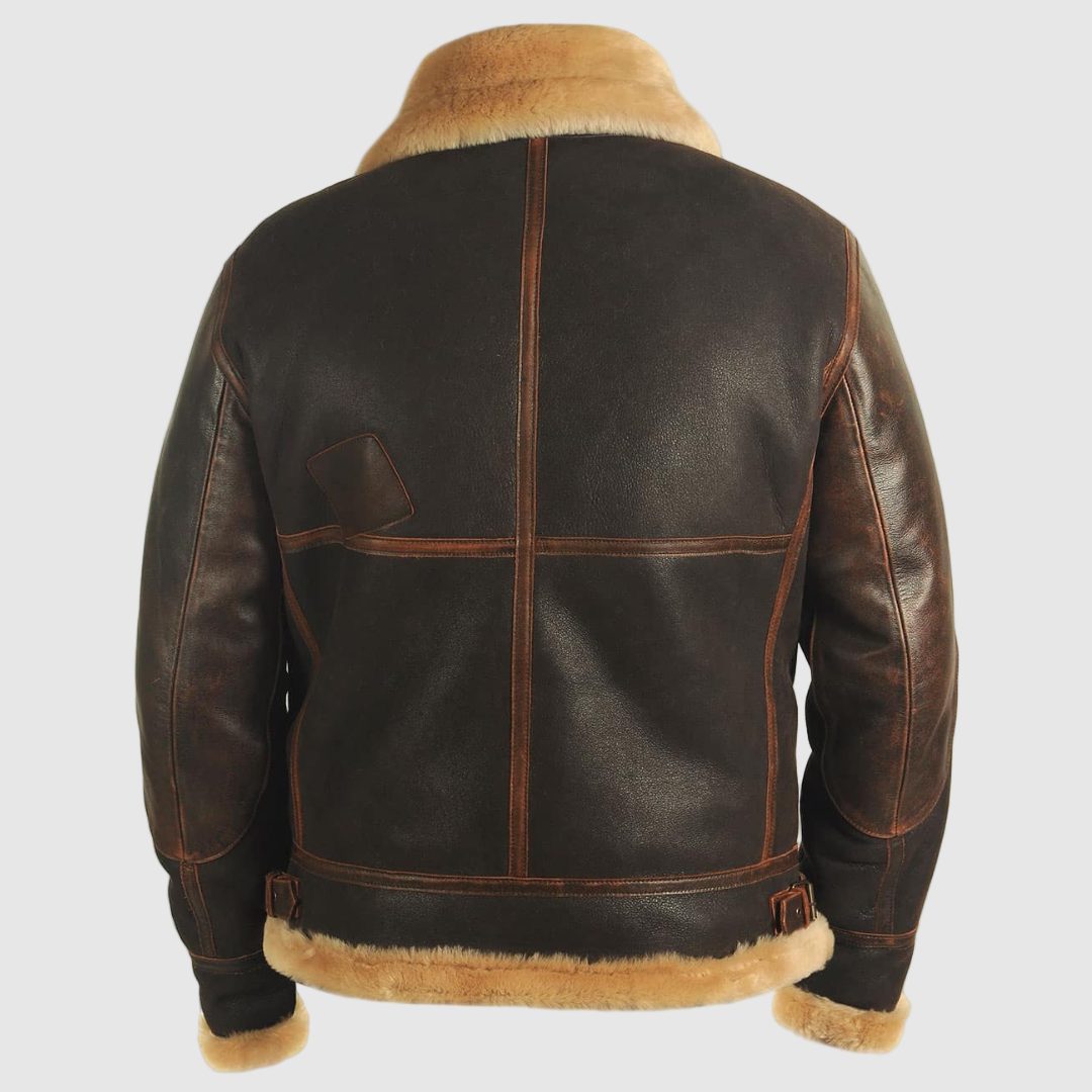 Leather Bomber Jacket with Fur Collar for Men - View 5