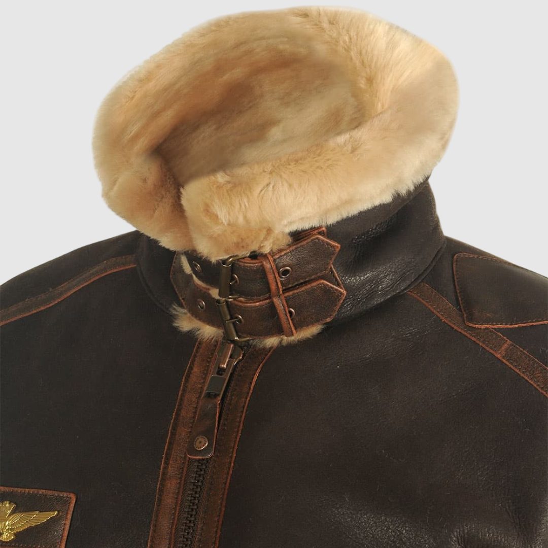 Leather Bomber Jacket with Fur Collar for Men - View 6