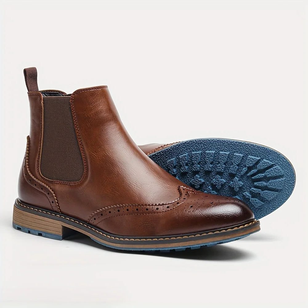 Leather Brogue Chelsea Boots with Pull Tab for Men - KD642 Brown