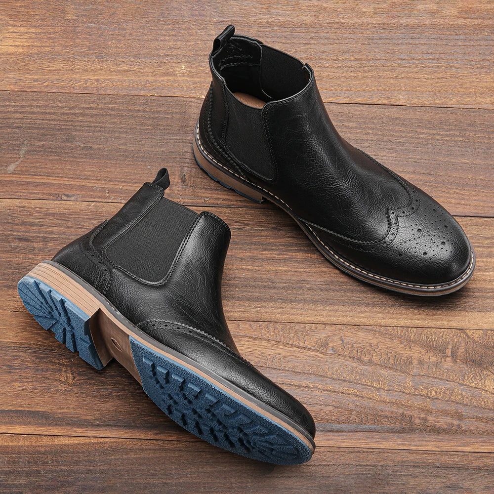 Leather Brogue Chelsea Boots with Pull Tab for Men