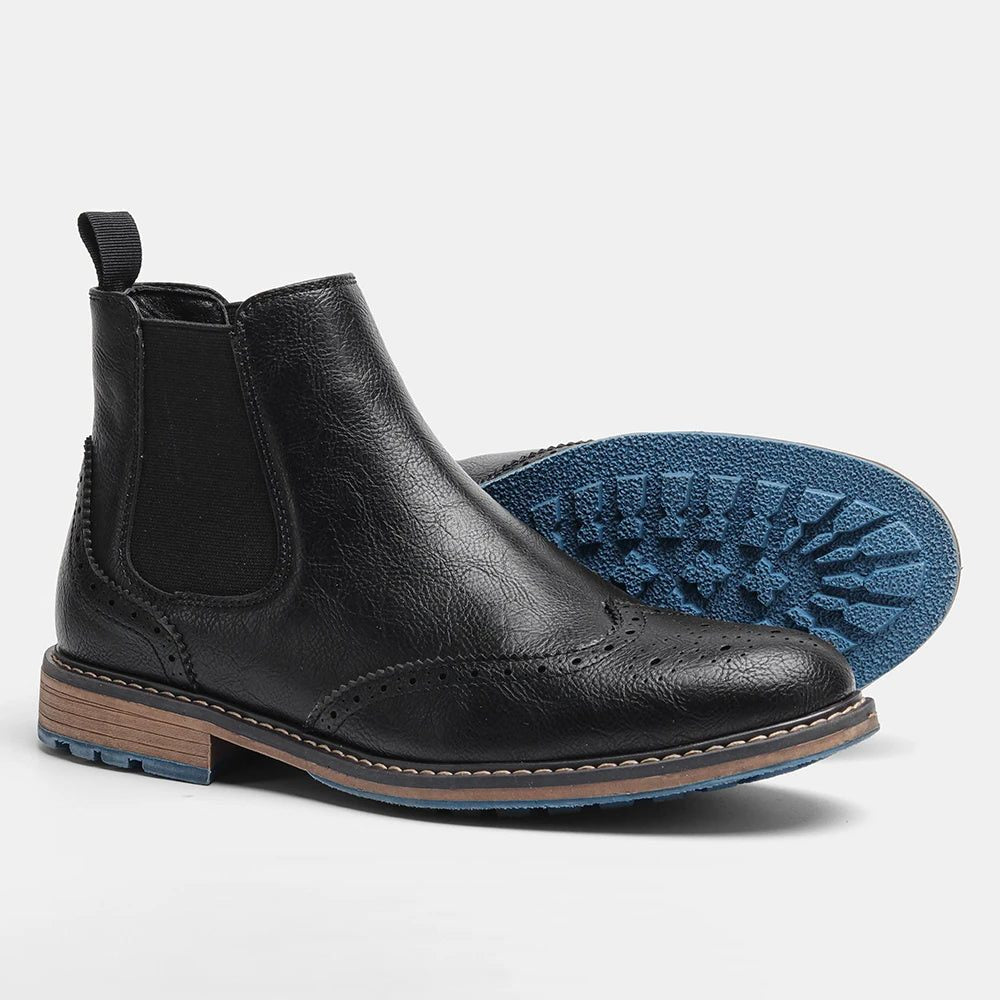 Leather Brogue Chelsea Boots with Pull Tab for Men - KD644 Black