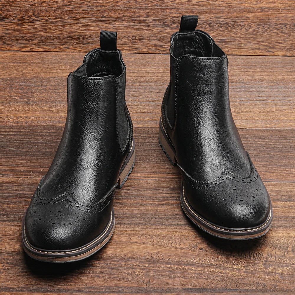 Leather Brogue Chelsea Boots with Pull Tab for Men - View 2