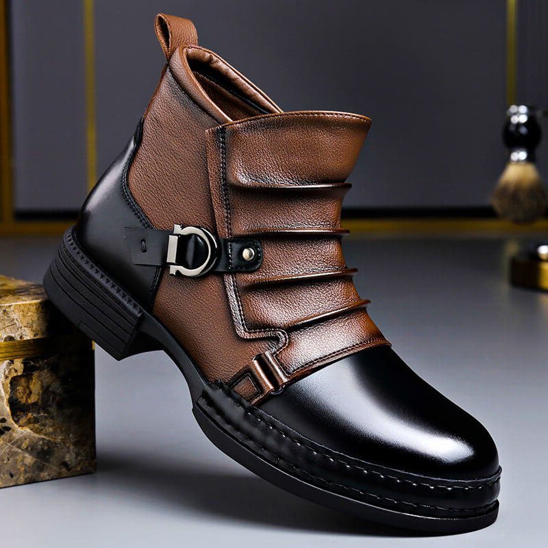 Leather Buckle Ankle Boots for Men - Oak Brown