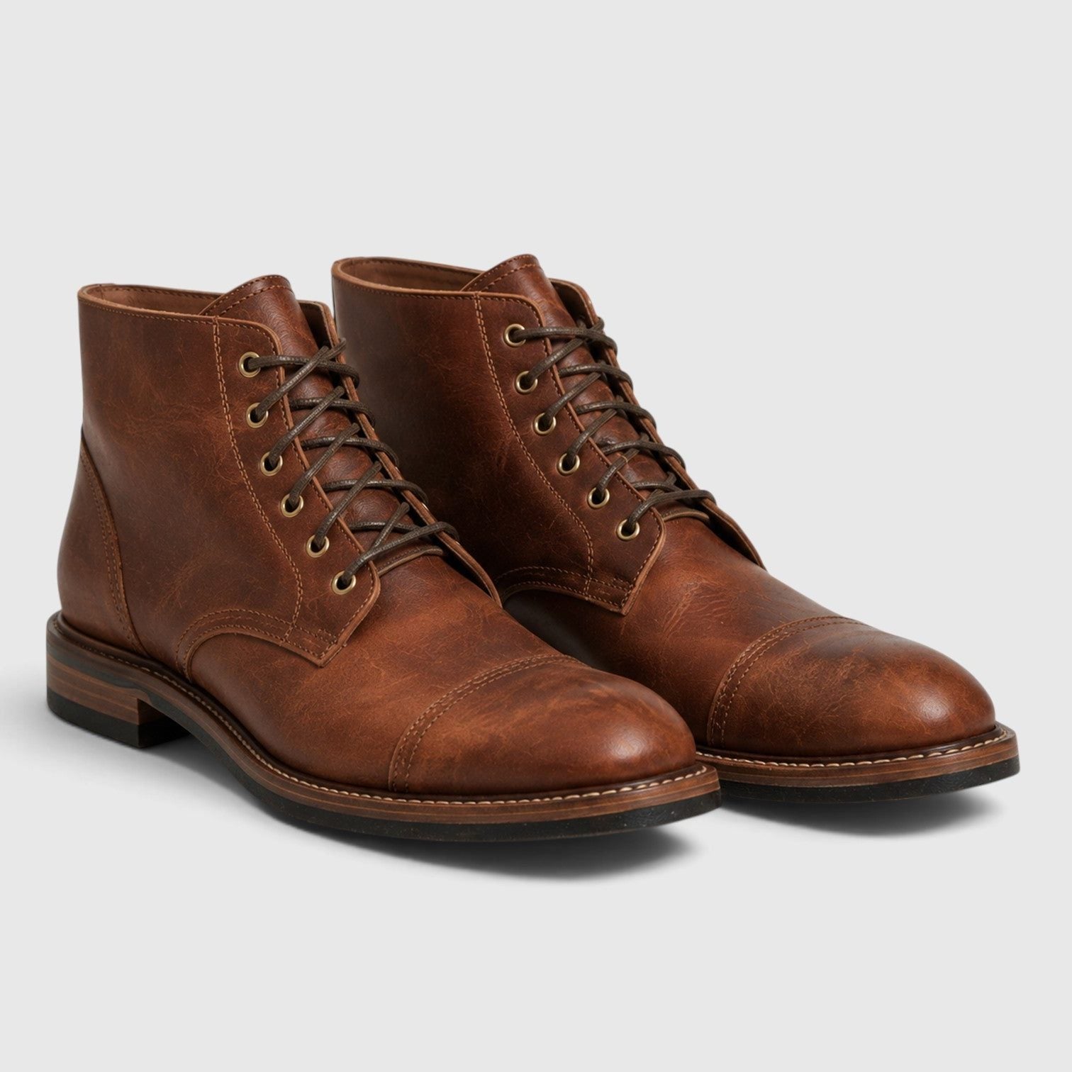 Leather Cap Toe Lace-Up Ankle Boots for Men