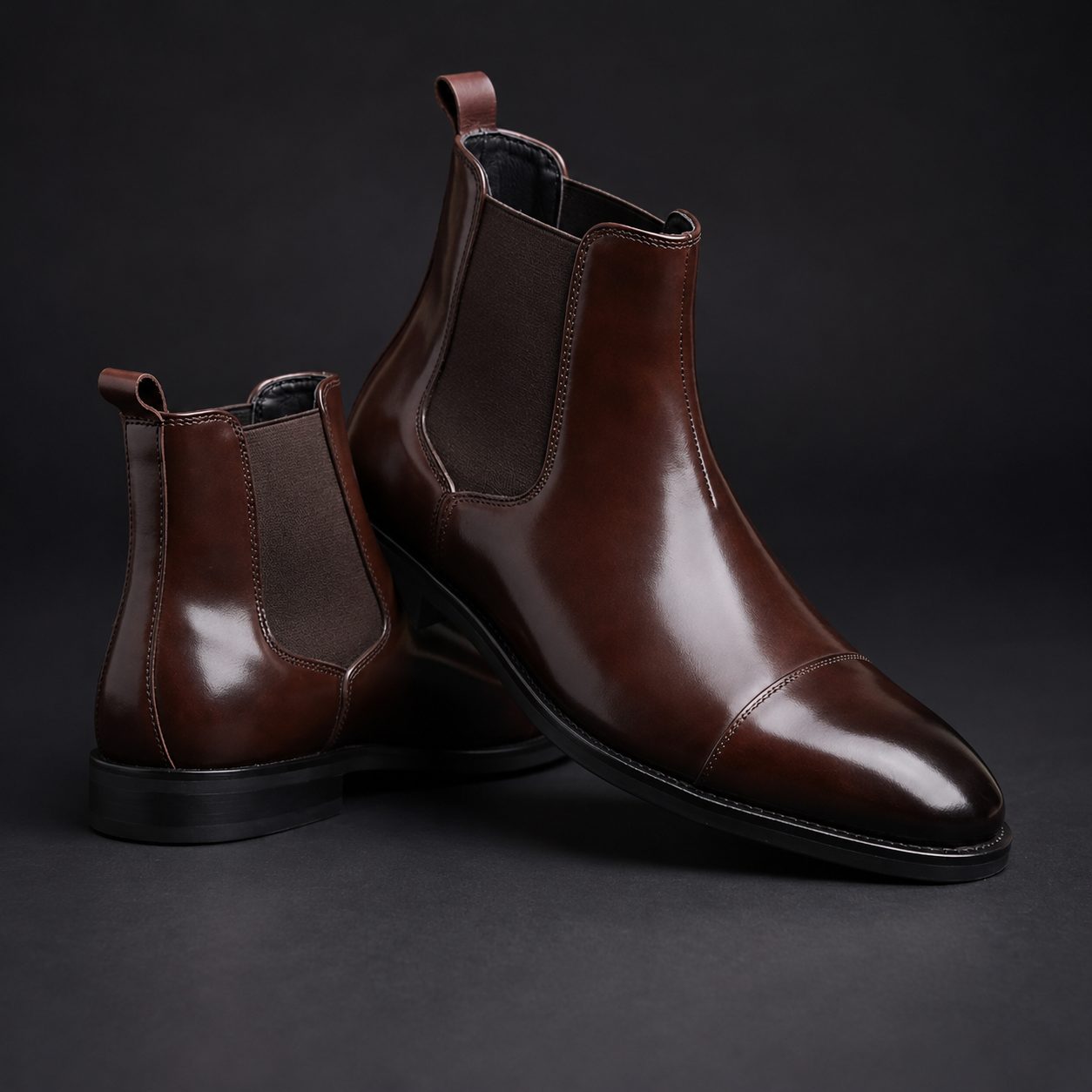 Leather Cap Toe Slip-On Chelsea Boots for Men - Brown