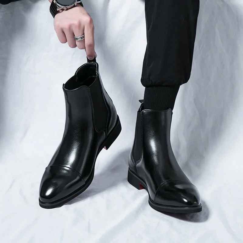Leather Cap Toe Slip-On Chelsea Boots for Men - View 9