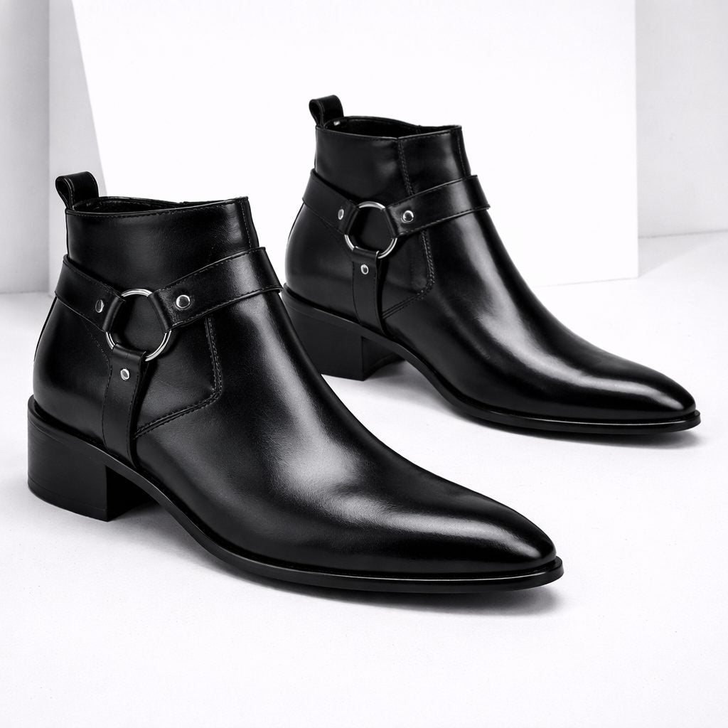 Leather Harness Heeled Boots for Men - Black