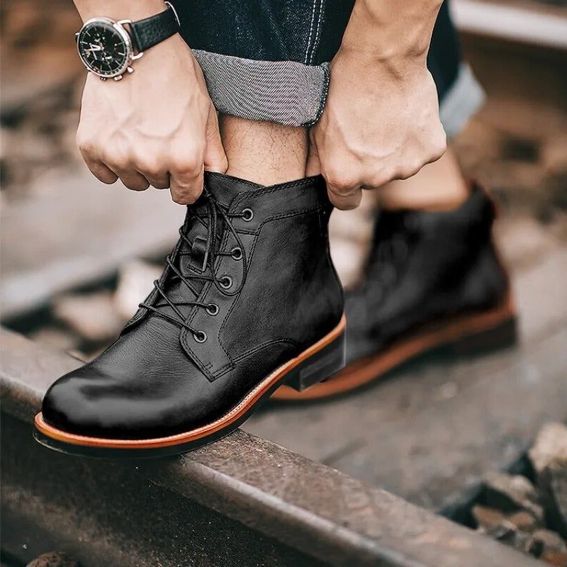 Leather Lace-Up Ankle Boots with Block Heel for Men - Black