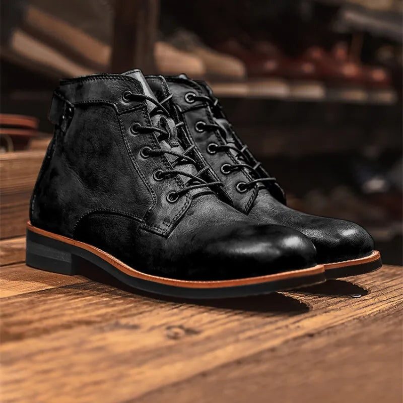 Leather Lace-Up Ankle Boots with Block Heel for Men - View 5